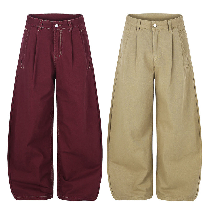 Wide-Leg Pleated Trousers – Curved Barrel Fit with Contrast Stitching