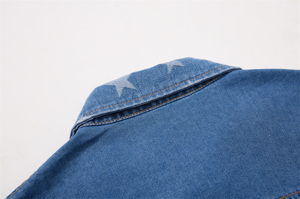 Denim Short-Sleeve Shirt – Punk Varsity Graphic Embroidery, Gradient Wash