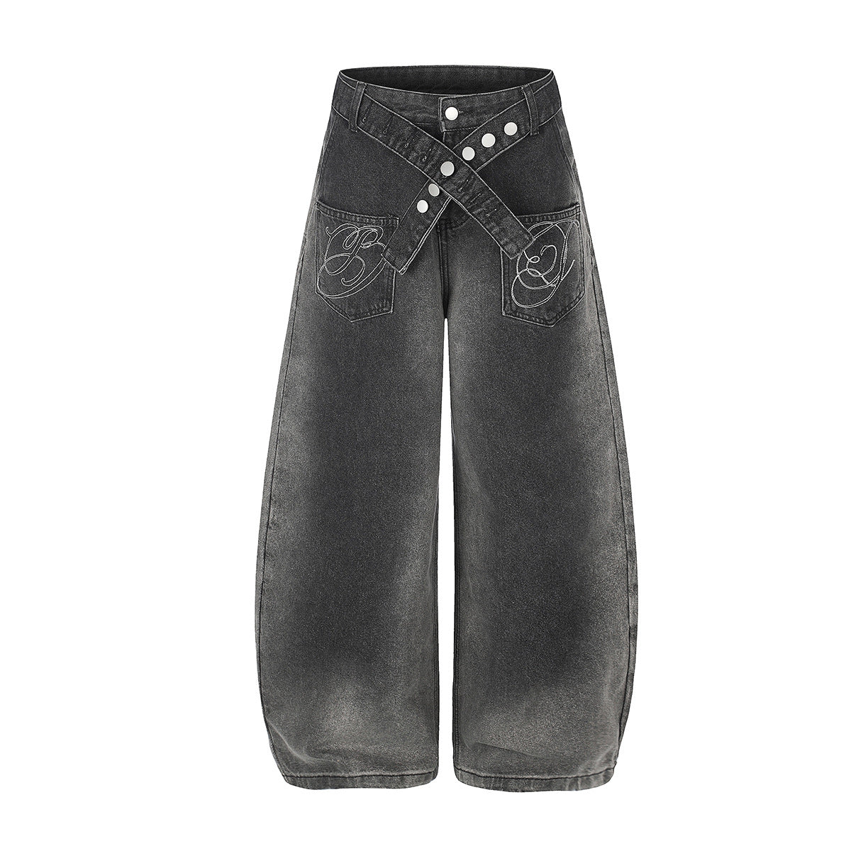 Vaqueros baggy de pierna ancha con cinturilla cruzada de broches y bolsillos bordados