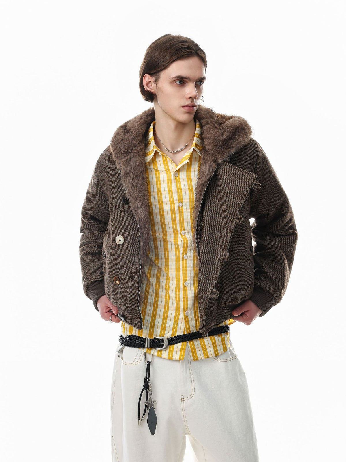 Hooded Bomber Jacket with Faux Fur Trim & Double-Button Front