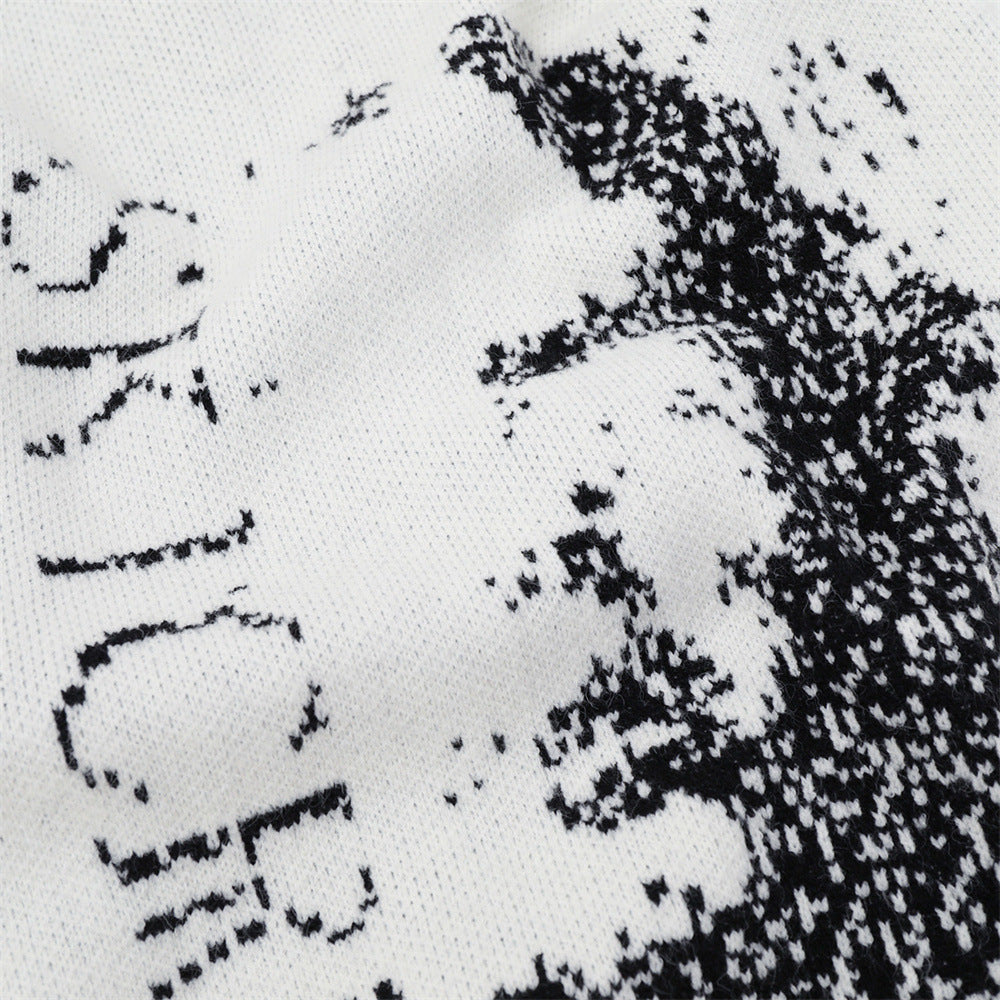 Men's Crew Neck Jacquard Knit Sweater – Pixelated Portrait Graphic, Contrast