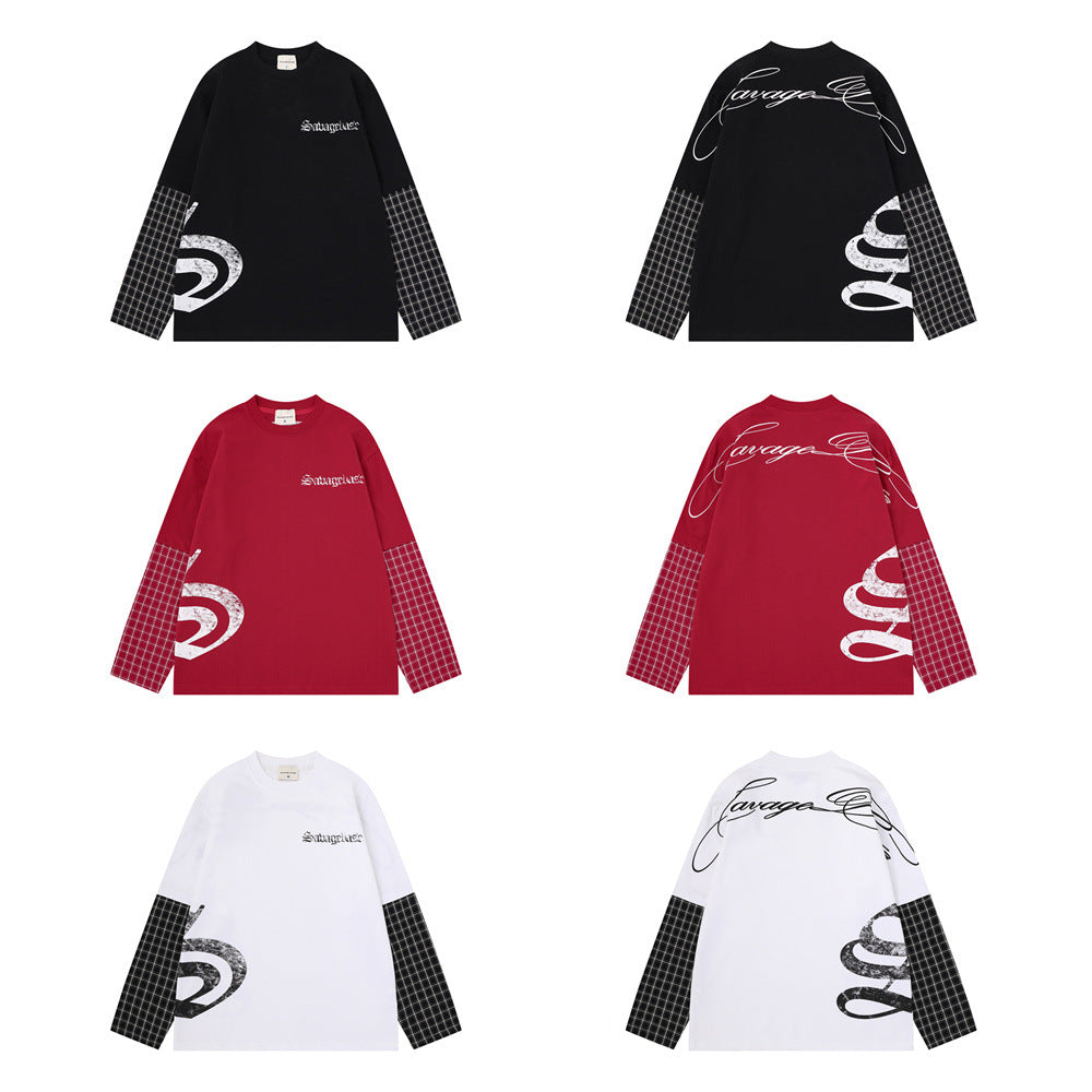 Savage Base Fake-Zweiteiler mit karierten Patchwork-Ärmeln – Oversized-Langarmshirt für Herren