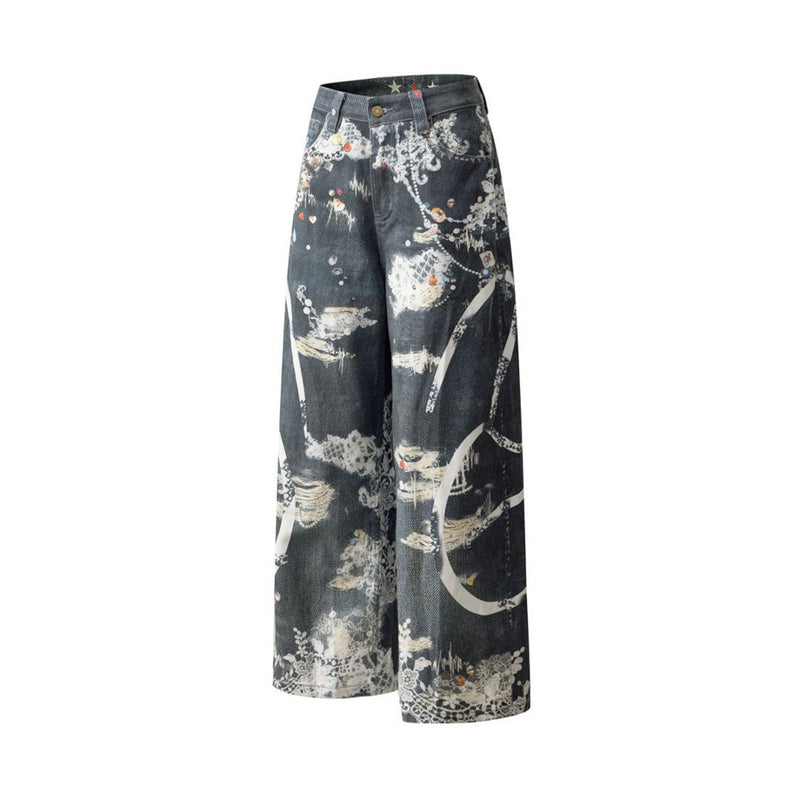 Loose Jeans for Men – Graffiti 3D Print Wide-Leg Dark Wash Denim