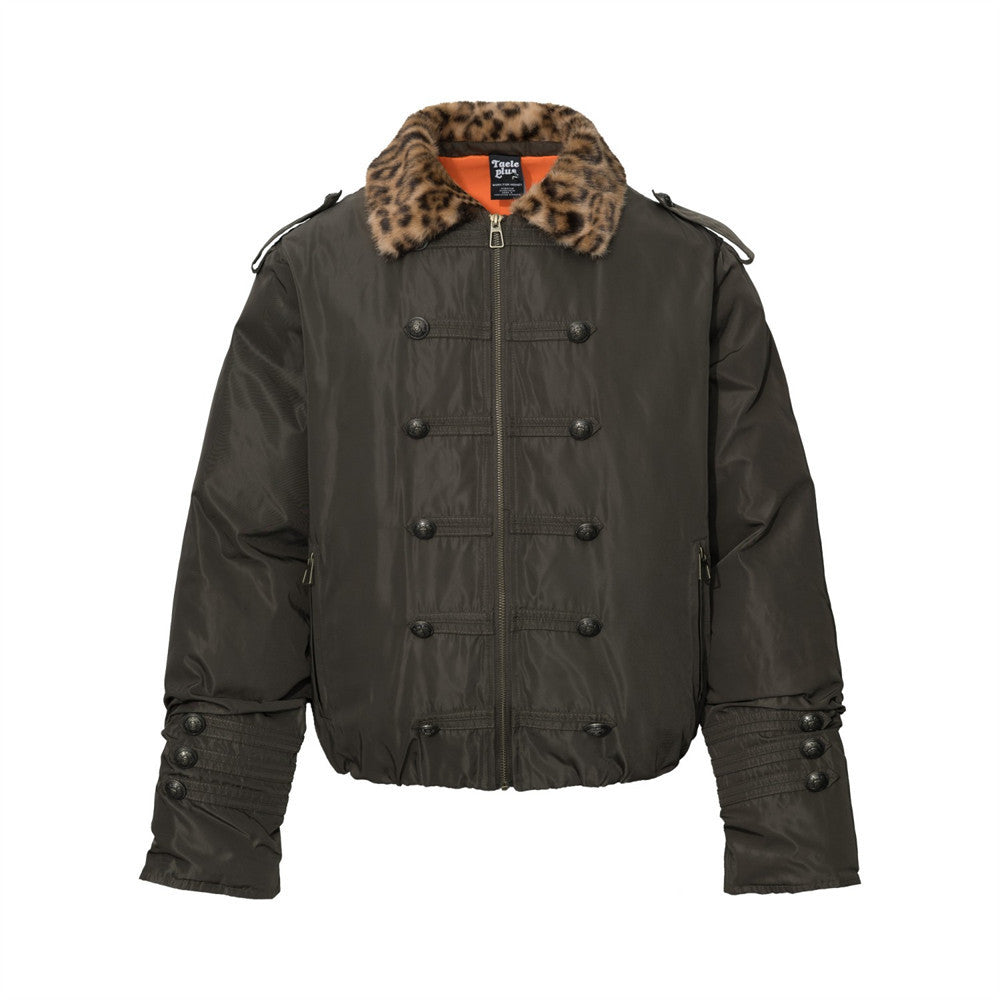 Men's double-breasted padded jacket with leopard-print faux-fur collar in sage green and dark olive