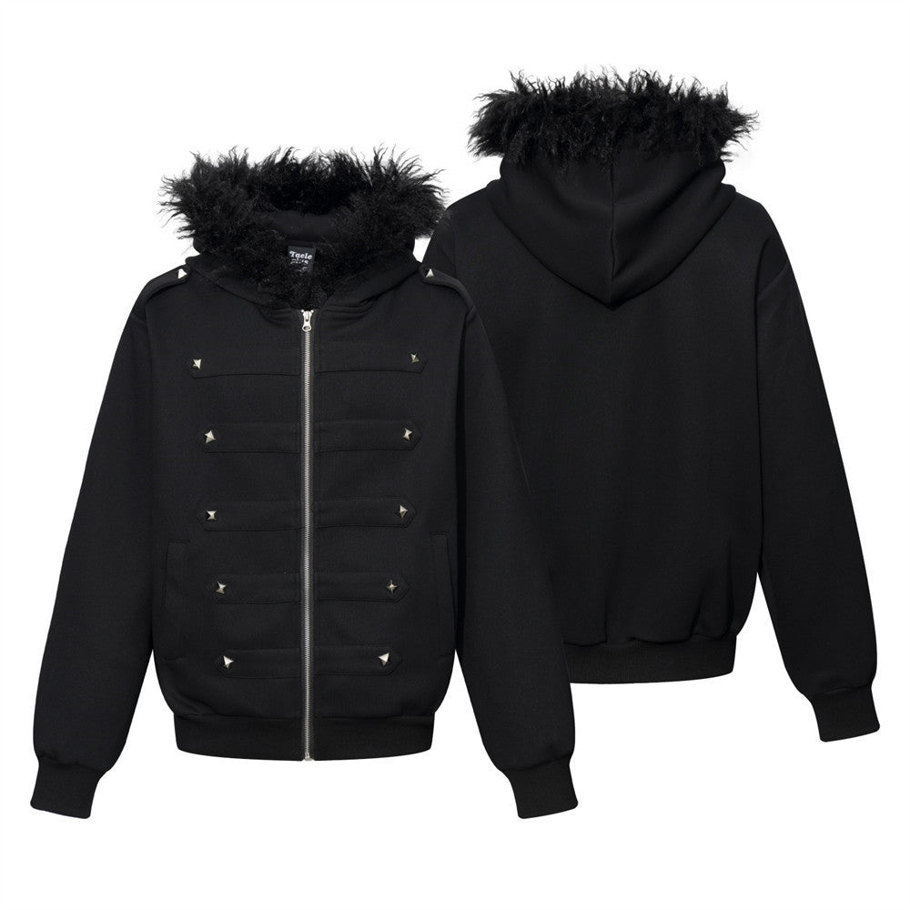 Sweat à capuche noir zippé avec col en fausse fourrure et détails cloutés métalliques