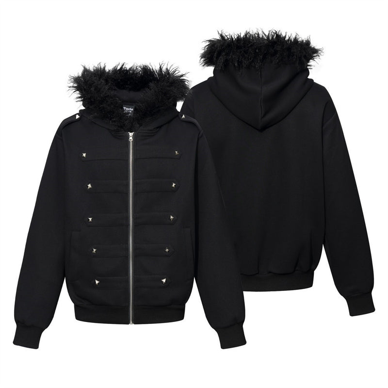 Sweat à capuche noir zippé avec col en fausse fourrure et détails cloutés métalliques
