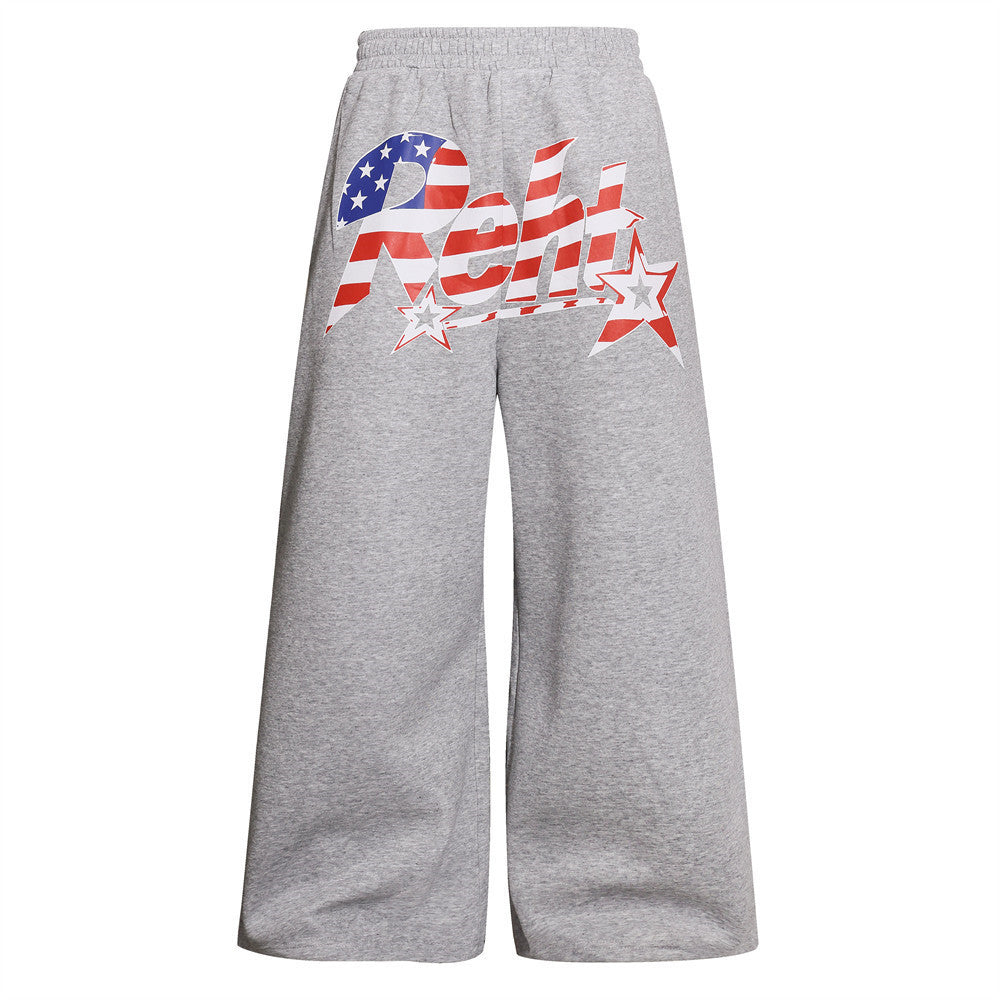 Men's oversized wide-leg sweatpants with American flag stars-and-stripes graphic print in gray