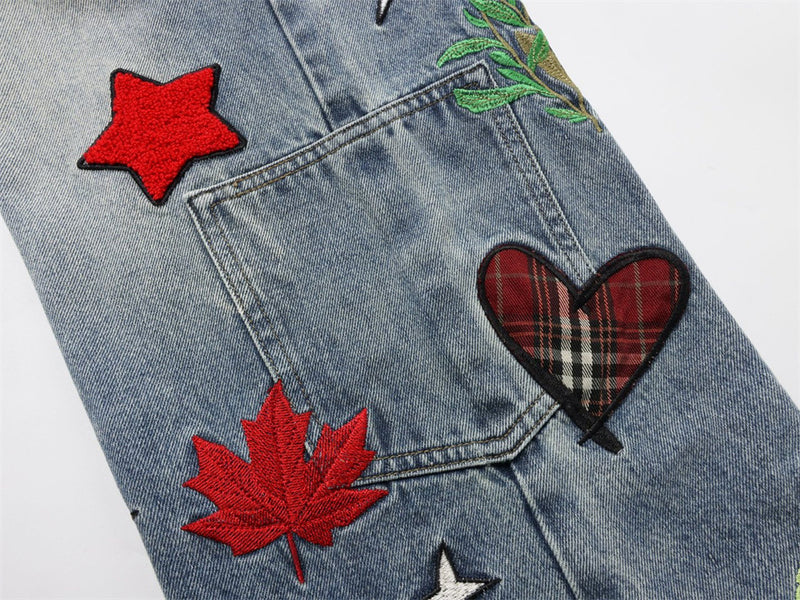 Vaqueros baggy de pierna ancha con flores bordadas, mariposas y motivos de patchwork