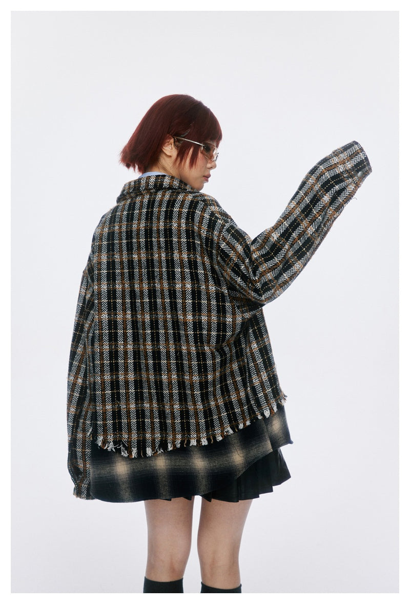 Vintage Plaid Patchwork Fringe Jacket – Oversized Unisex Overshirt