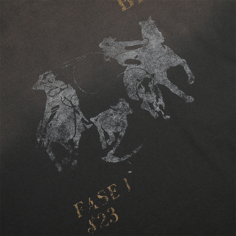 Close-up of horse graphic and faded gold text on black long sleeve T-shirt front