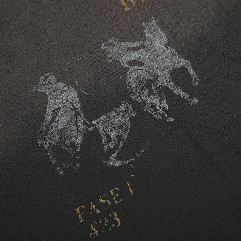 Close-up of horse graphic and faded gold text on black long sleeve T-shirt front