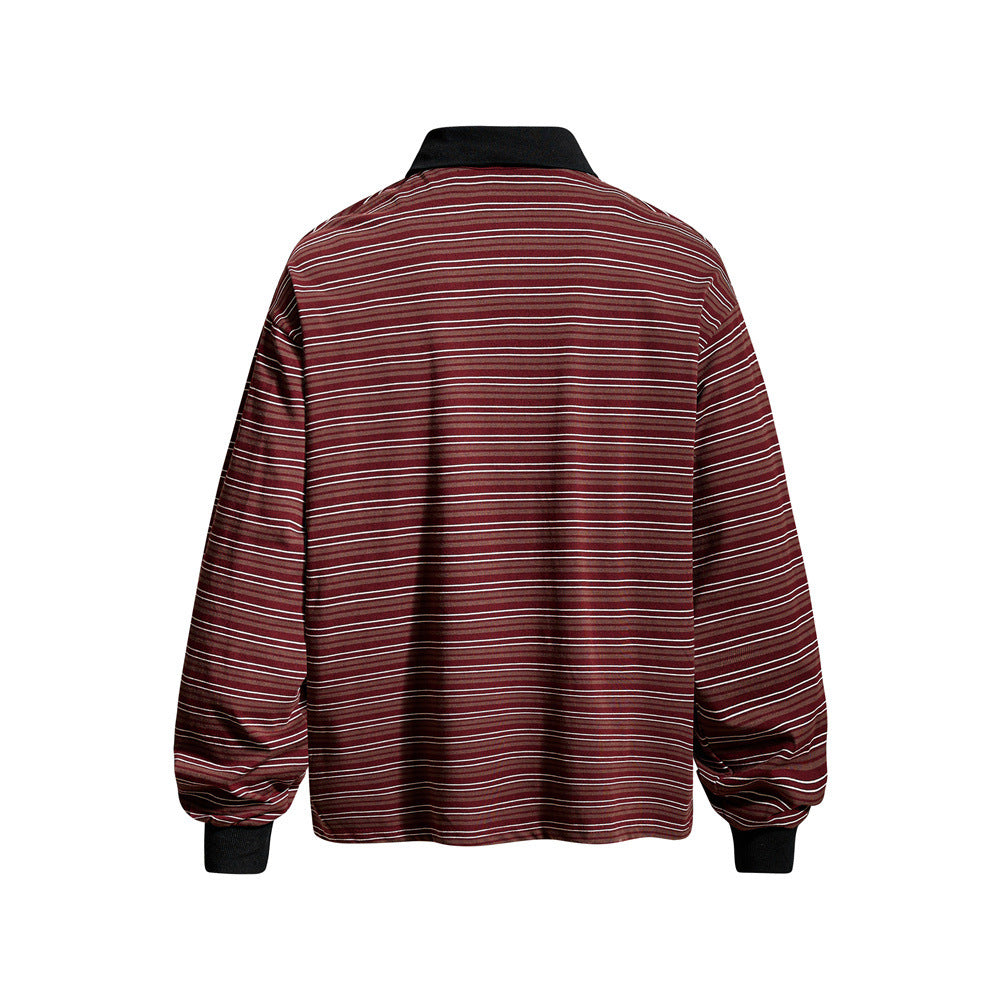Striped Long-Sleeve Polo Shirt – Retro Oversized Fit with Contrast Collar
