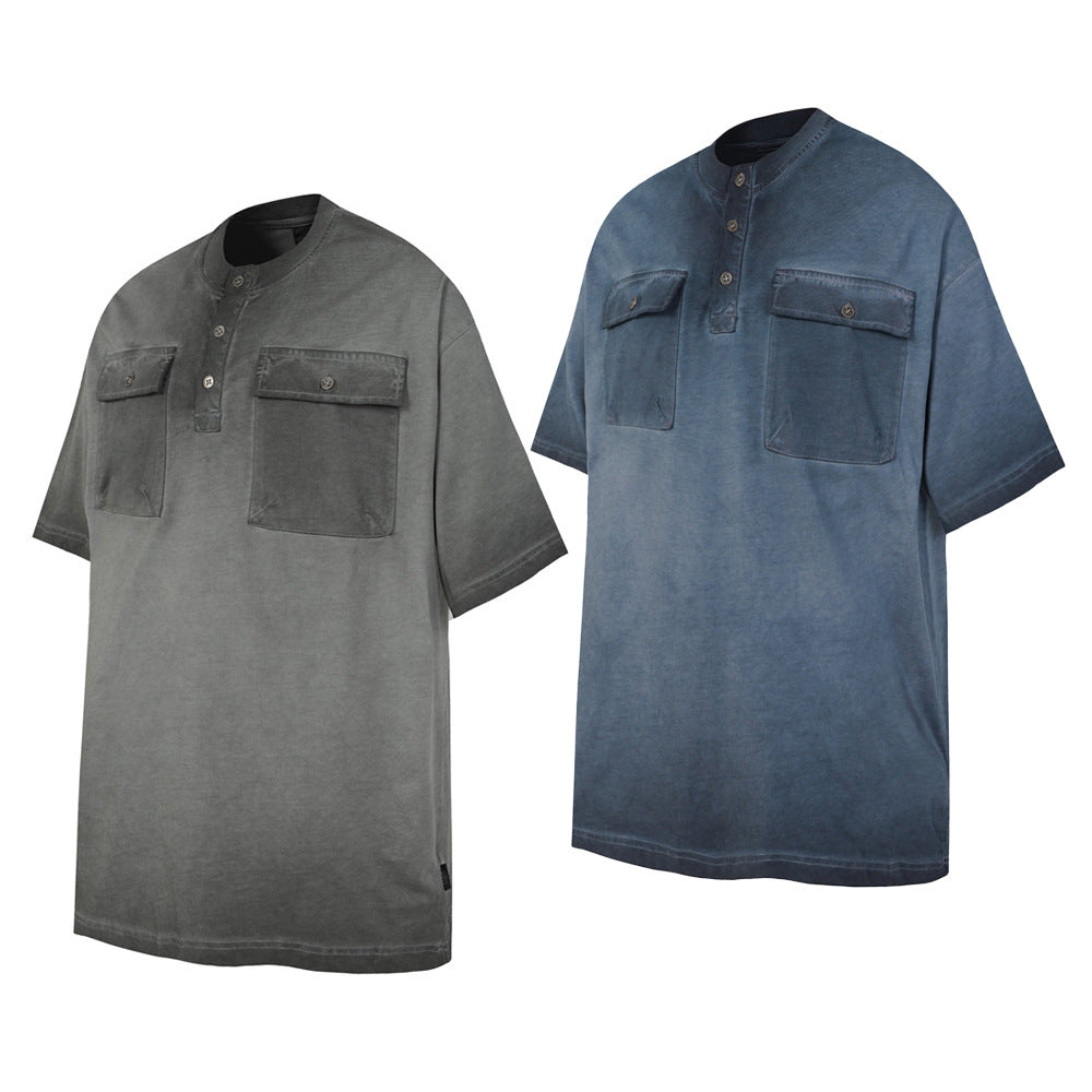 Acid Wash Oversized Henley T-Shirt with Dual Chest Pockets
