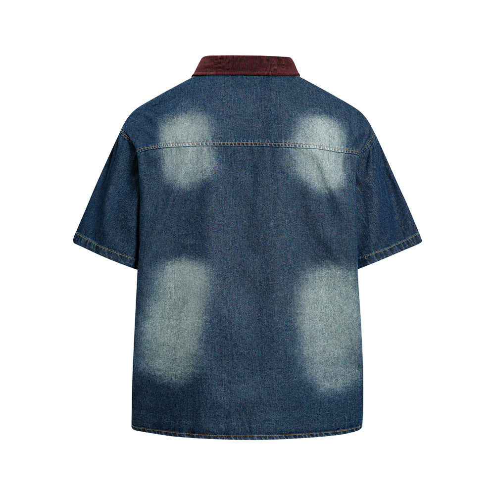 Mafas Worldwide Star Embroidered Washed Denim Shirt – Short Sleeve Oversized Fit