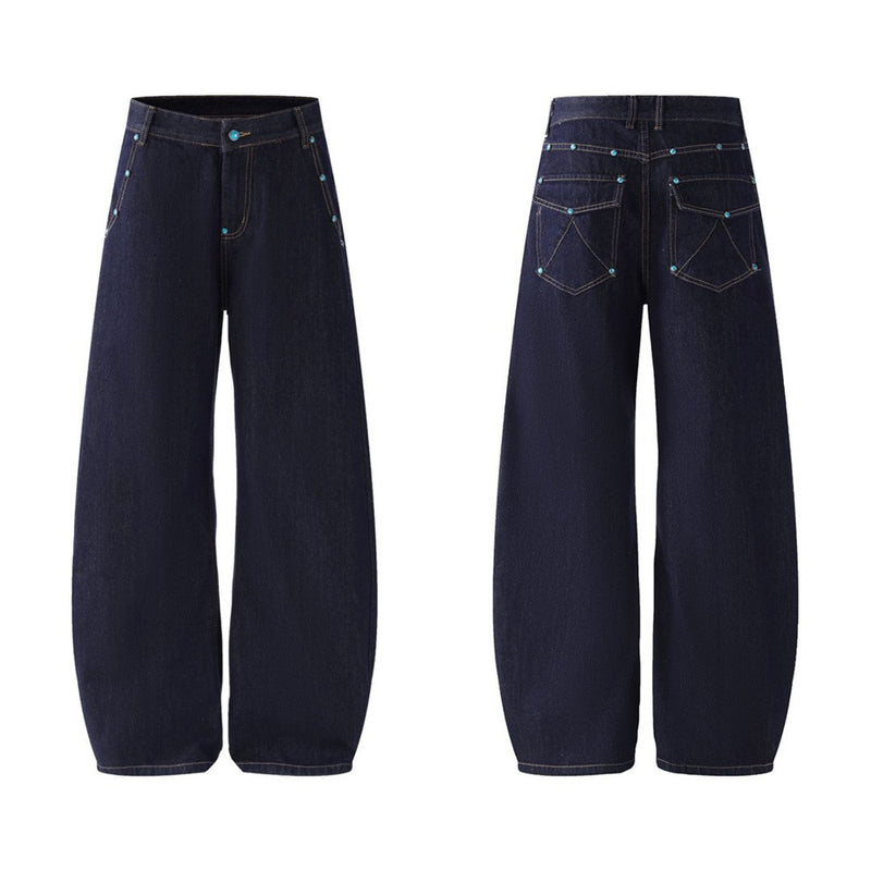 Wide-Leg Barrel Jeans – Turquoise Stud Detail, Curved Silhouette
