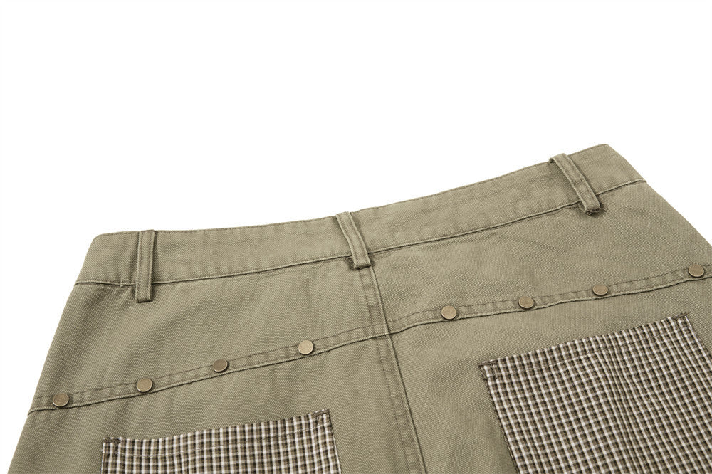 Wide-Leg Cargo Pants – Star Patch, Plaid Detail & Multi-Pocket Baggy Fit