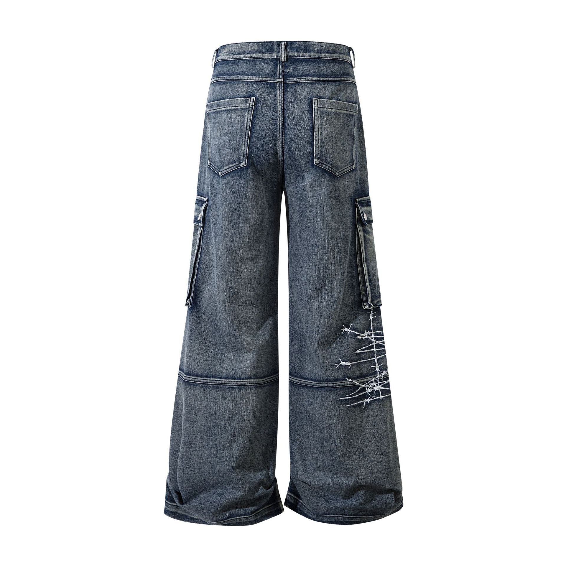 Wide-Leg Cargo Jeans with Barbed Wire Embroidery – Baggy Streetwear Denim