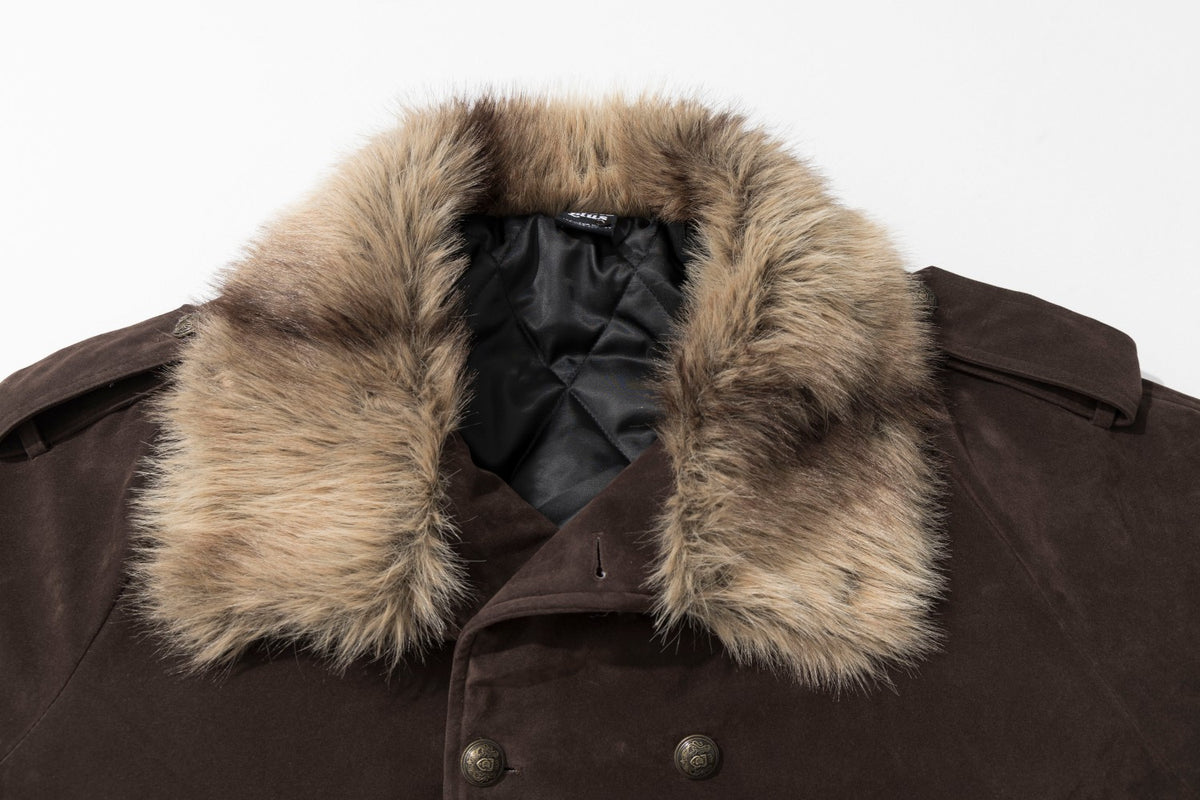 Double-Breasted Faux Fur Collar Padded Jacket in Dark Brown