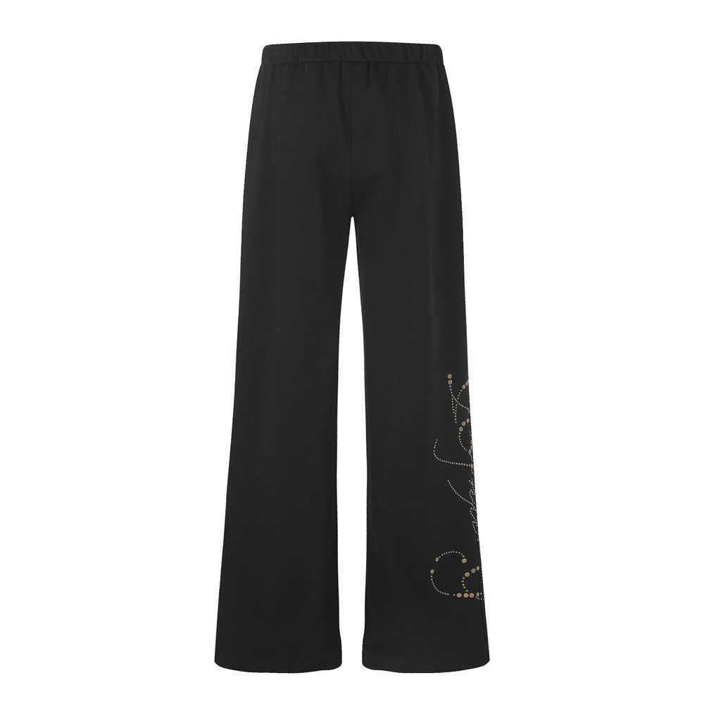 Wide Leg Sweatpants with Gold Stud Detail & Drawstring Waist