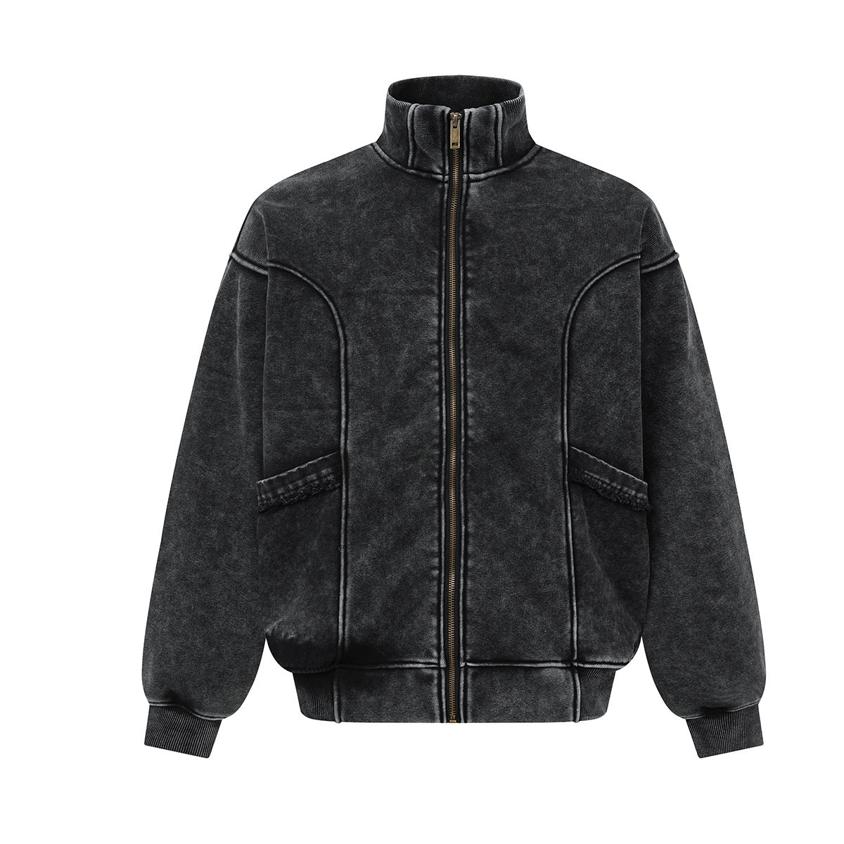 Acid Wash Zip-Up Fleece Jacket – Stand Collar, Vintage Moto Style