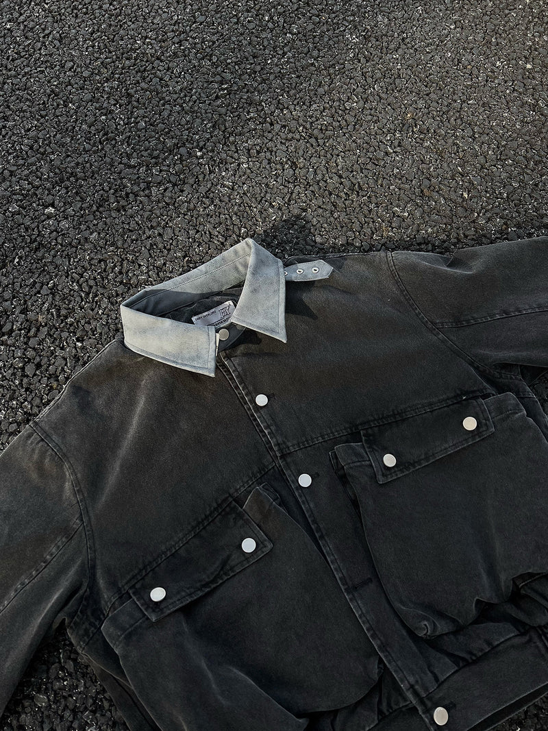 Blouson bomber homme en toile canvas délavée avec grandes poches cargo et col à boucle