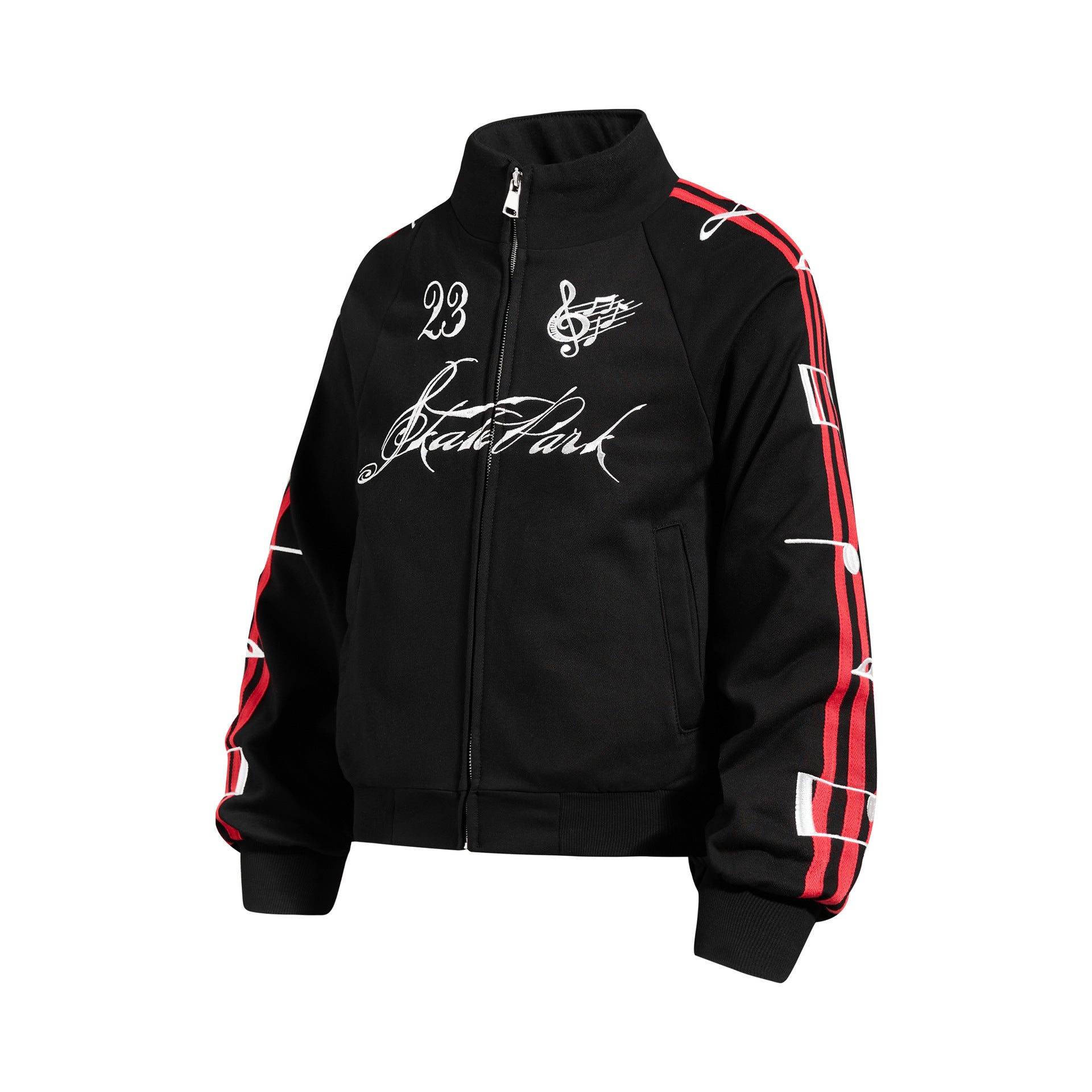Track Jacket Stand Collar Full-Zip with Script & Music Note Graphics