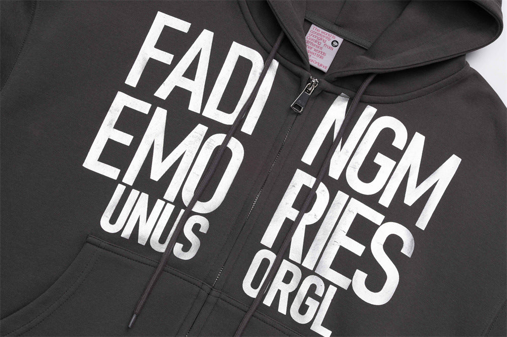 Sweat à capuche zippé Fading Memories à imprimé lettering – Sweatshirt streetwear hip-hop