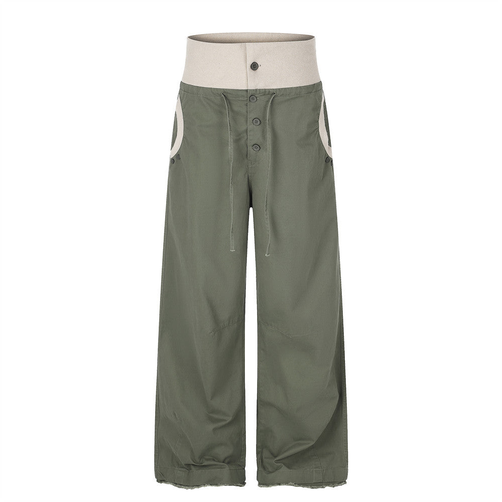 Pantalon palazzo à jambes larges – Taille haute, braguette à boutons, ceinture côtelée et ourlet brut