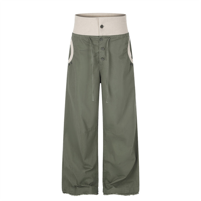 Pantalon palazzo à jambes larges – Taille haute, braguette à boutons, ceinture côtelée et ourlet brut