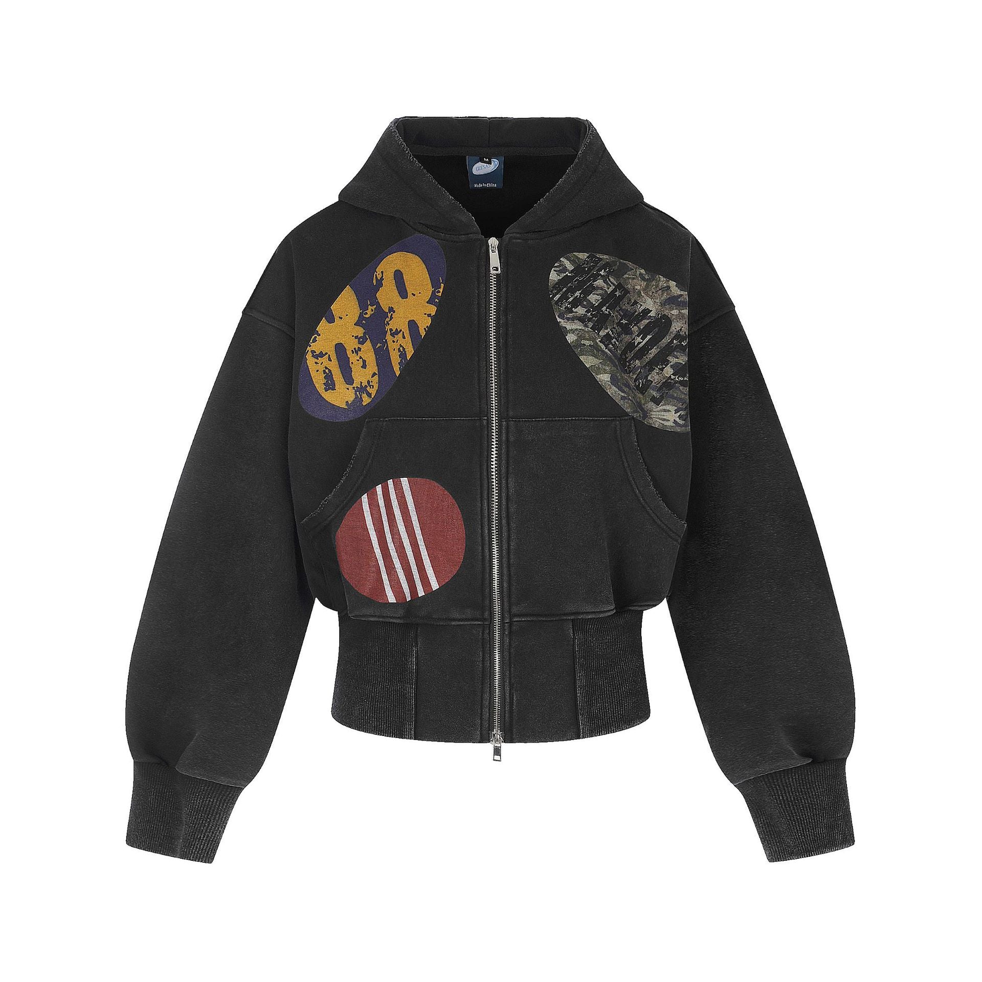Hoodie zippé court à écussons graphiques vintage – Noir délavé