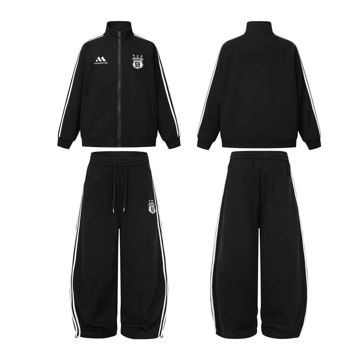 Retro-Soccer-Trainingsjacke & Wide-Leg-Trainingshose – Stickabzeichen, Streifen