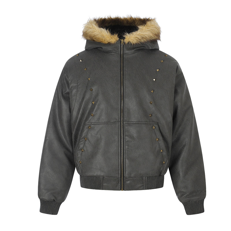 Leather Jacket Fur Collar Studded Hooded Bomber Jacket with Fleece Lining