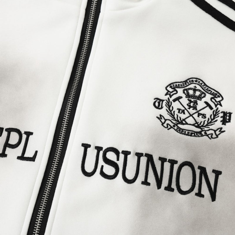 Zip-Up Track Jacket with Stripe Sleeves & Distressed Wash