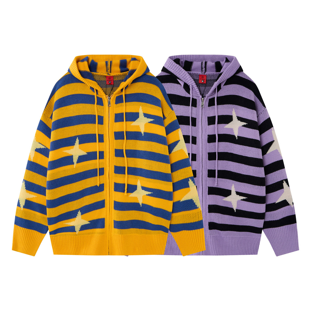 Striped Four-Point Star Jacquard Knit Zip-Up Hoodie Sweater