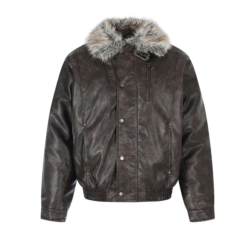 Brown faux leather bomber jacket with gray fur collar, front view