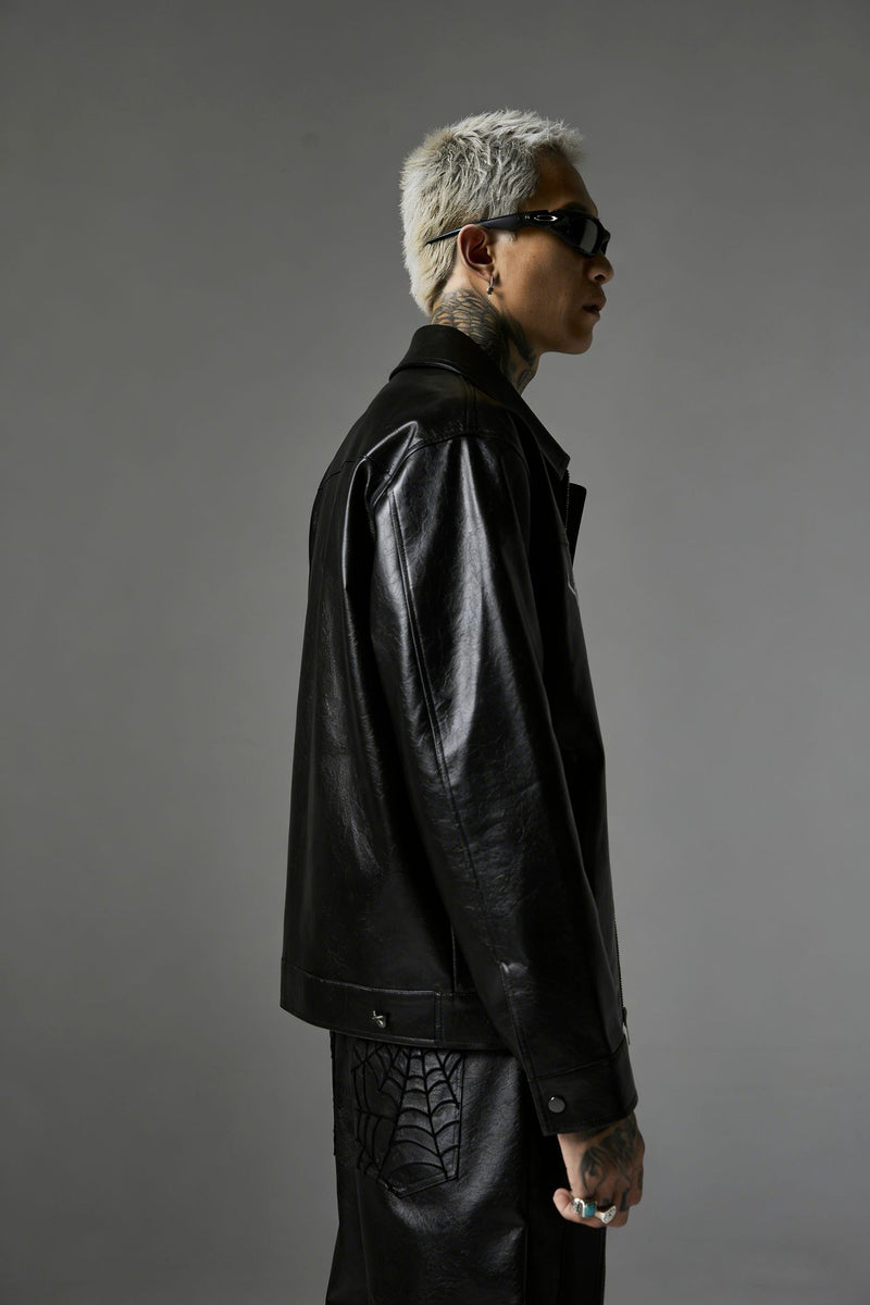 Spiderweb Embroidered PU Leather Jacket – Oversized Moto Fit