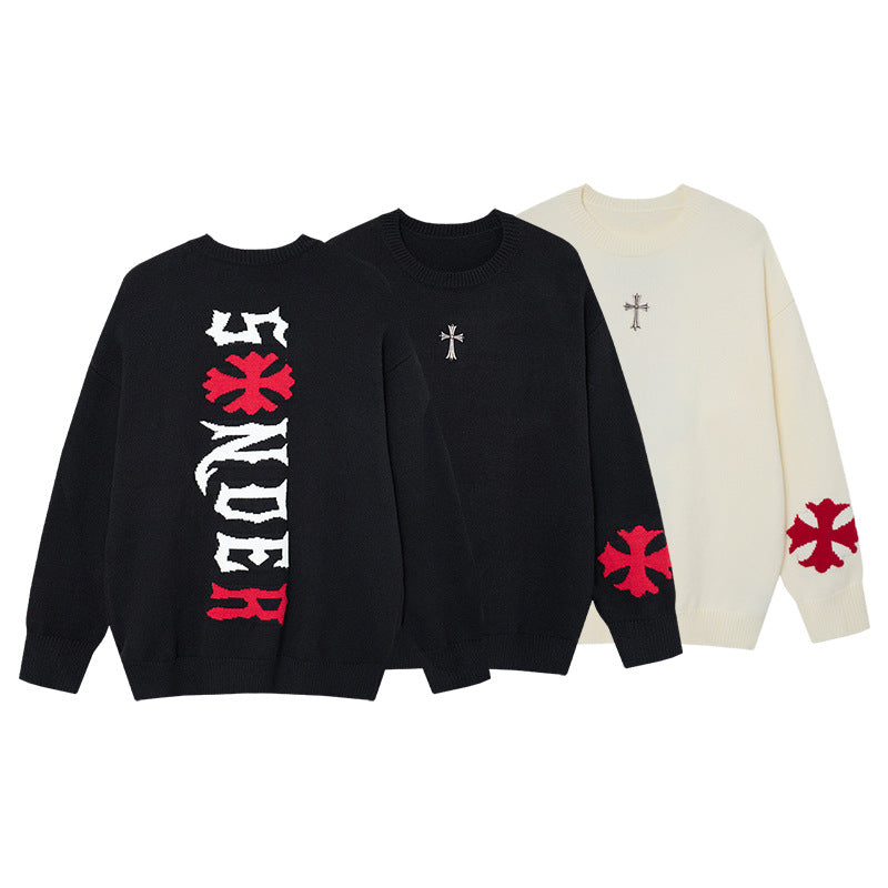 Gothic-Cross-Jacquard-Strickpullover mit Rundhalsausschnitt – Oversized