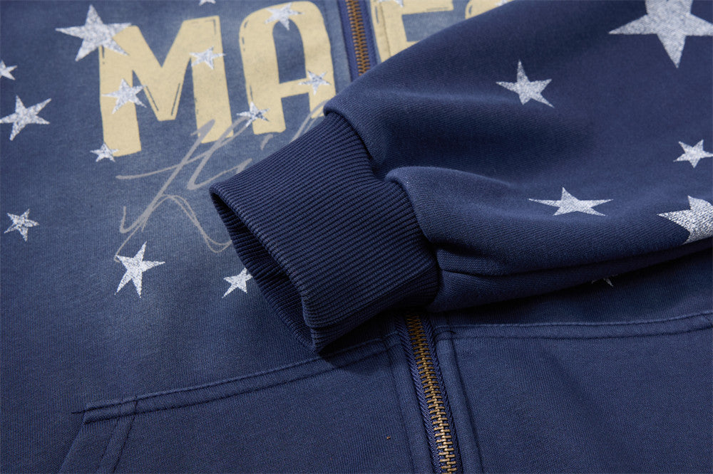 Sudadera con Capucha y Cremallera, Estampado de Estrellas, Corte Extragrande para Hombre