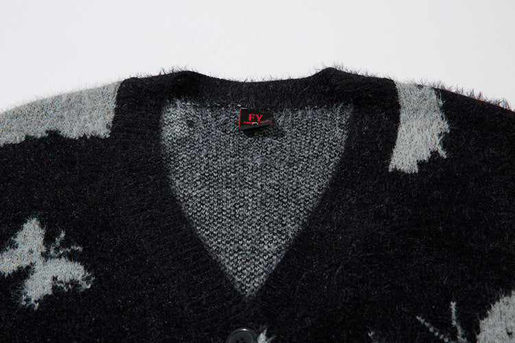 Gilet cardigan en maille jacquard papillon – Col V oversize, maille couple
