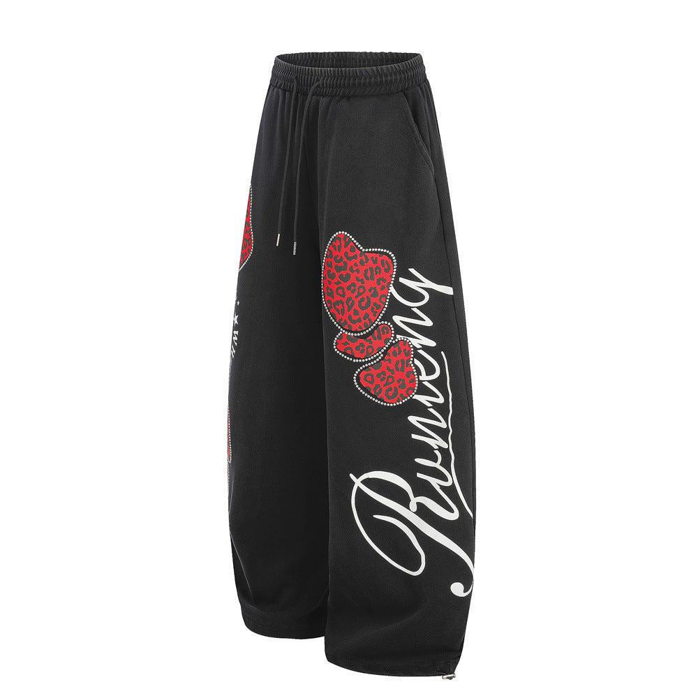 Wide-Leg Sweatpants with Leopard Print Rhinestone Hearts & Varsity Graphic