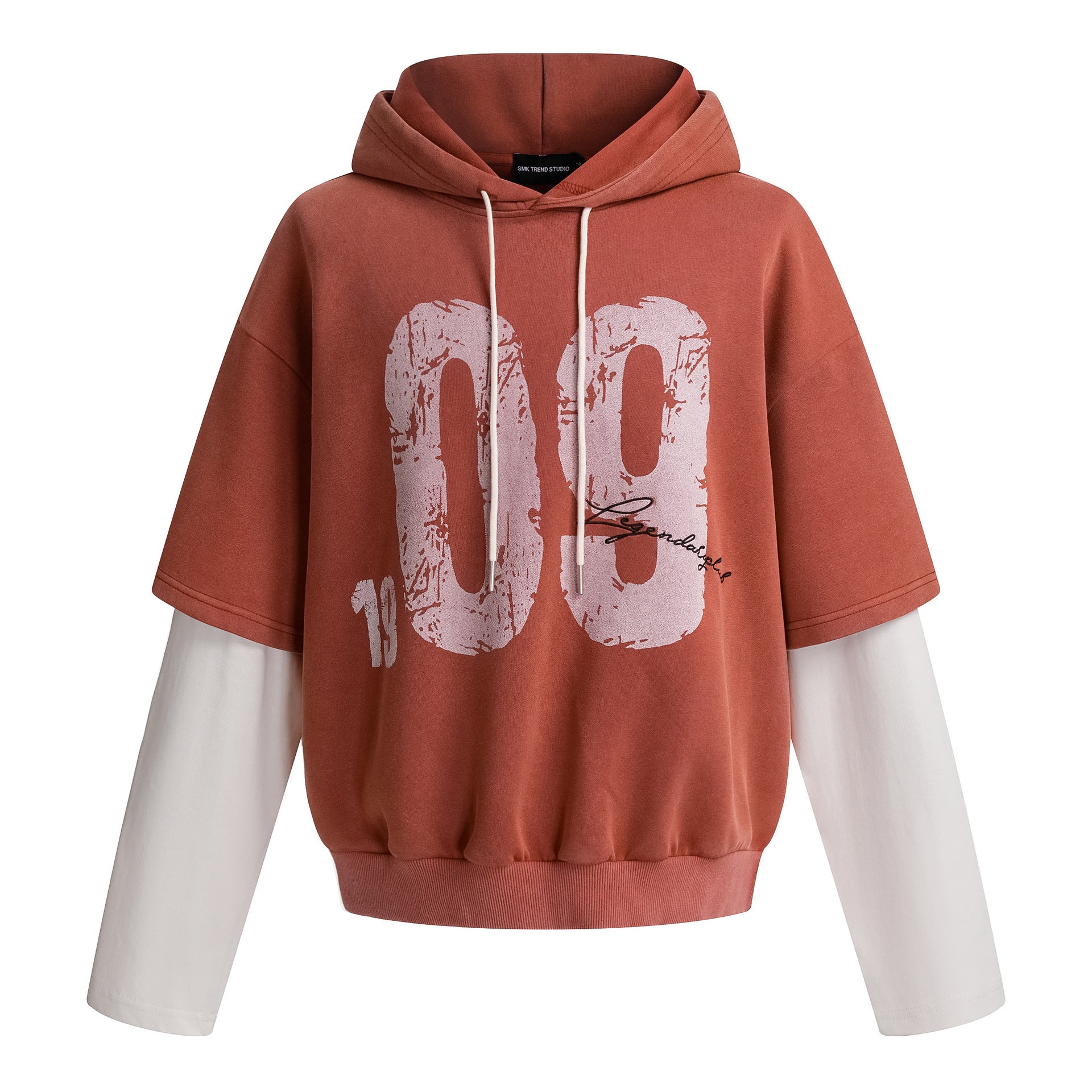 Sudadera de hombre con efecto de dos piezas – Gráfico desgastado «09» y estilo urbano lavado