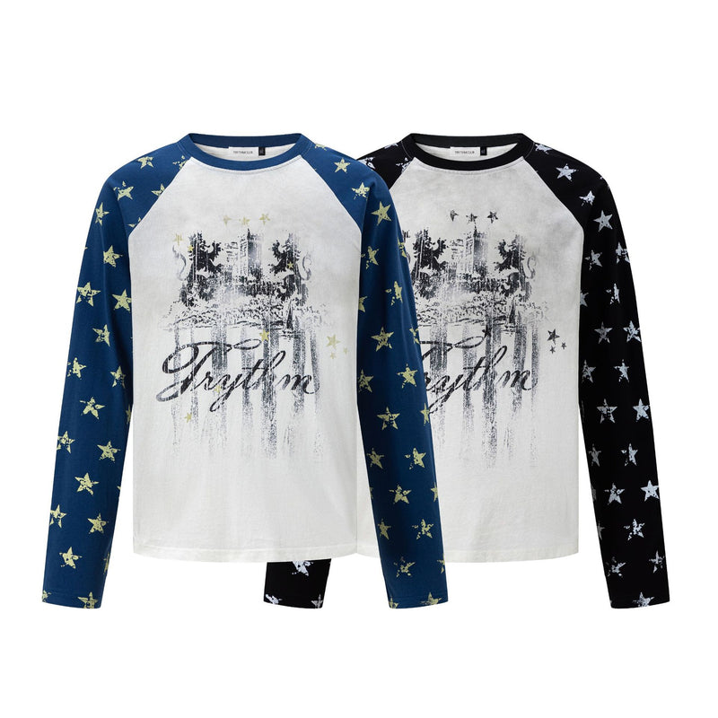 Long Sleeve Raglan Tee – Star-Print Sleeves & Vintage Heraldic Graphic