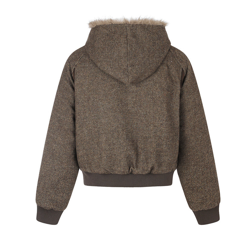 Hooded Bomber Jacket with Faux Fur Trim & Double-Button Front