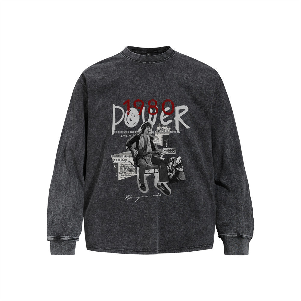 Men's Long Sleeve Shirt Rock Guitar 1980 Power Graphic Acid Wash Oversized Tee