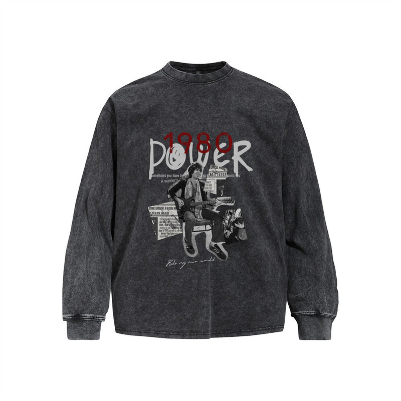 Men's Long Sleeve Shirt Rock Guitar 1980 Power Graphic Acid Wash Oversized Tee