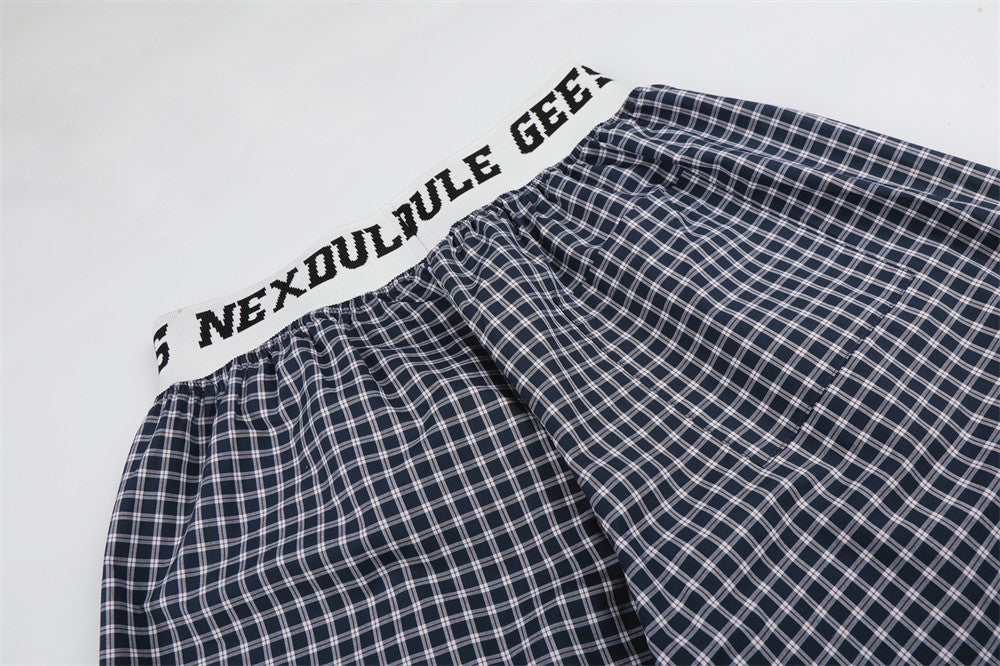 Plaid Wide-Leg Pants with Logo Elastic Waistband