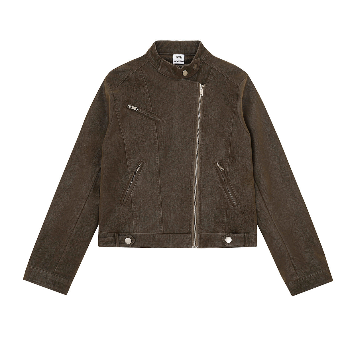 Cropped PU leather moto biker jacket with asymmetric zip and snap collar in coffee brown and washed black