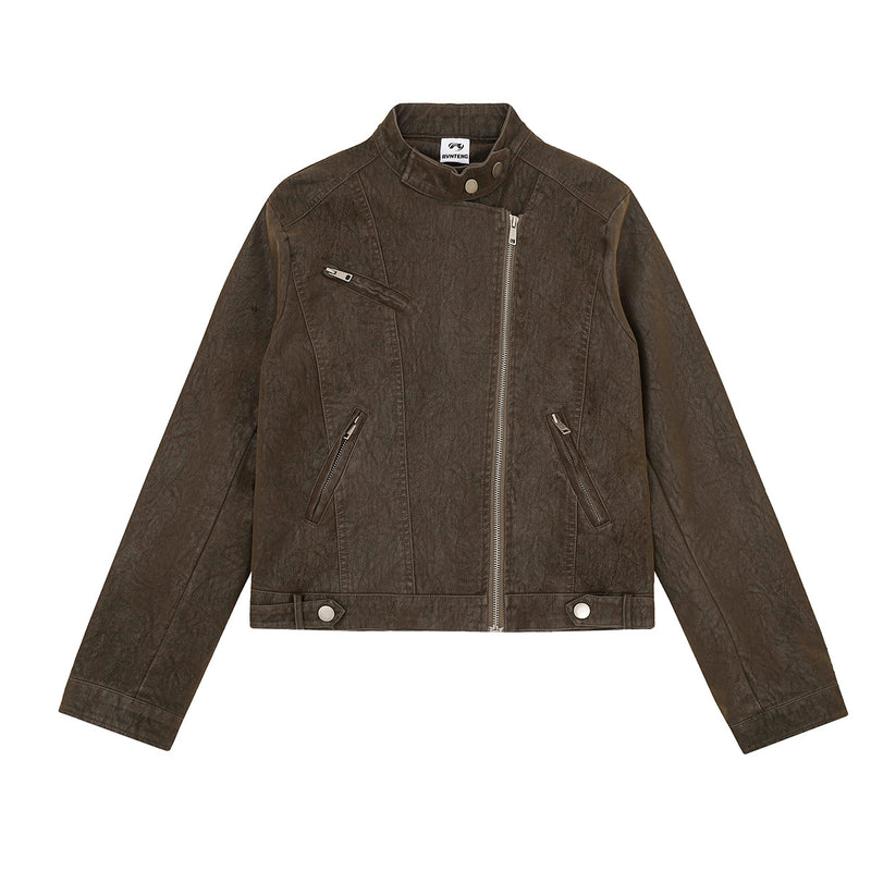 Cropped PU leather moto biker jacket with asymmetric zip and snap collar in coffee brown and washed black