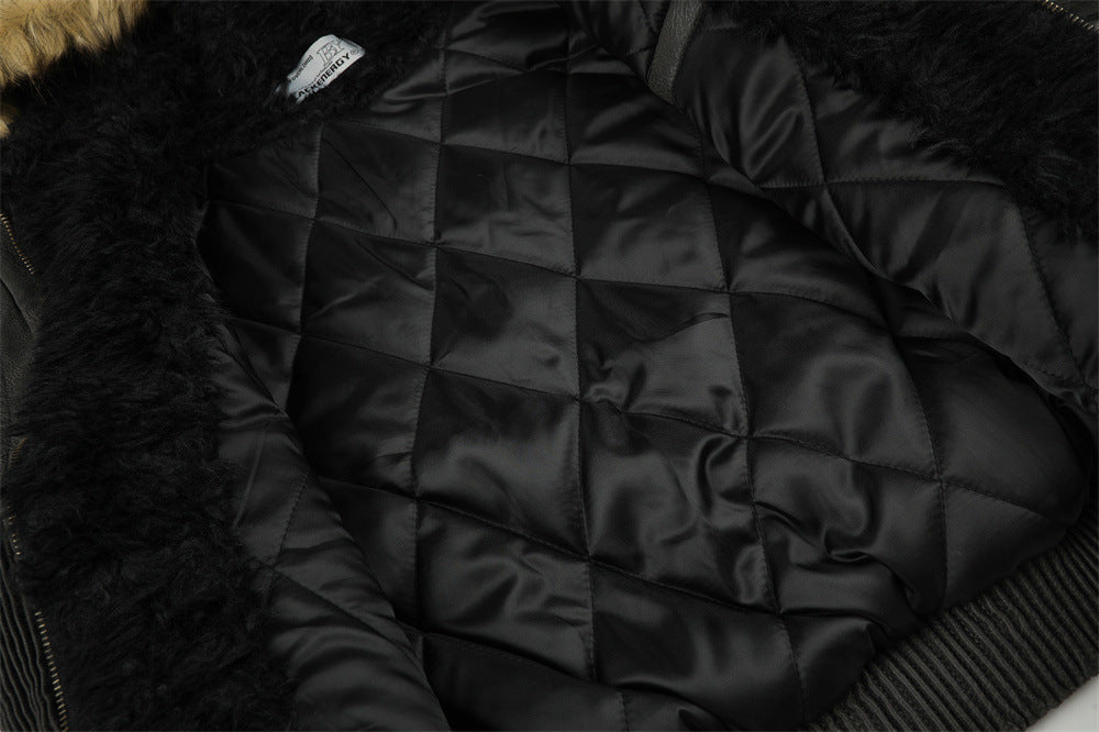 Punk Fur-Collar Studded PU Leather Hooded Bomber Jacket
