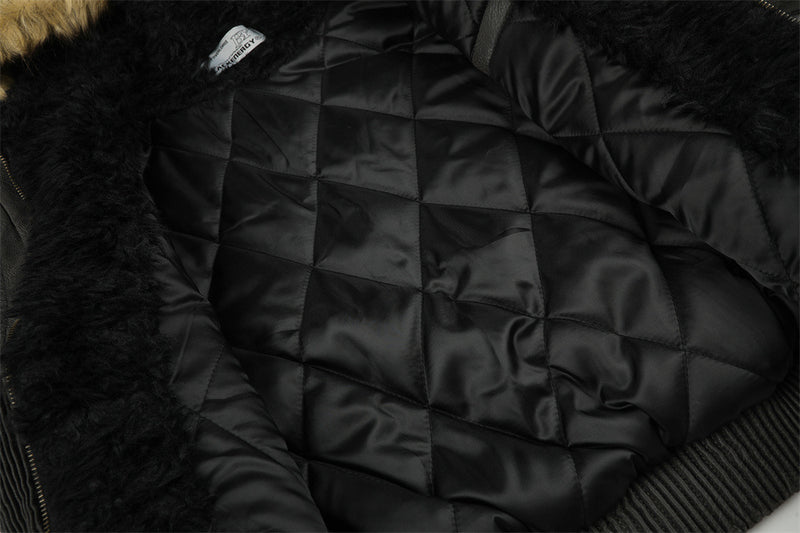 Punk Fur-Collar Studded PU Leather Hooded Bomber Jacket
